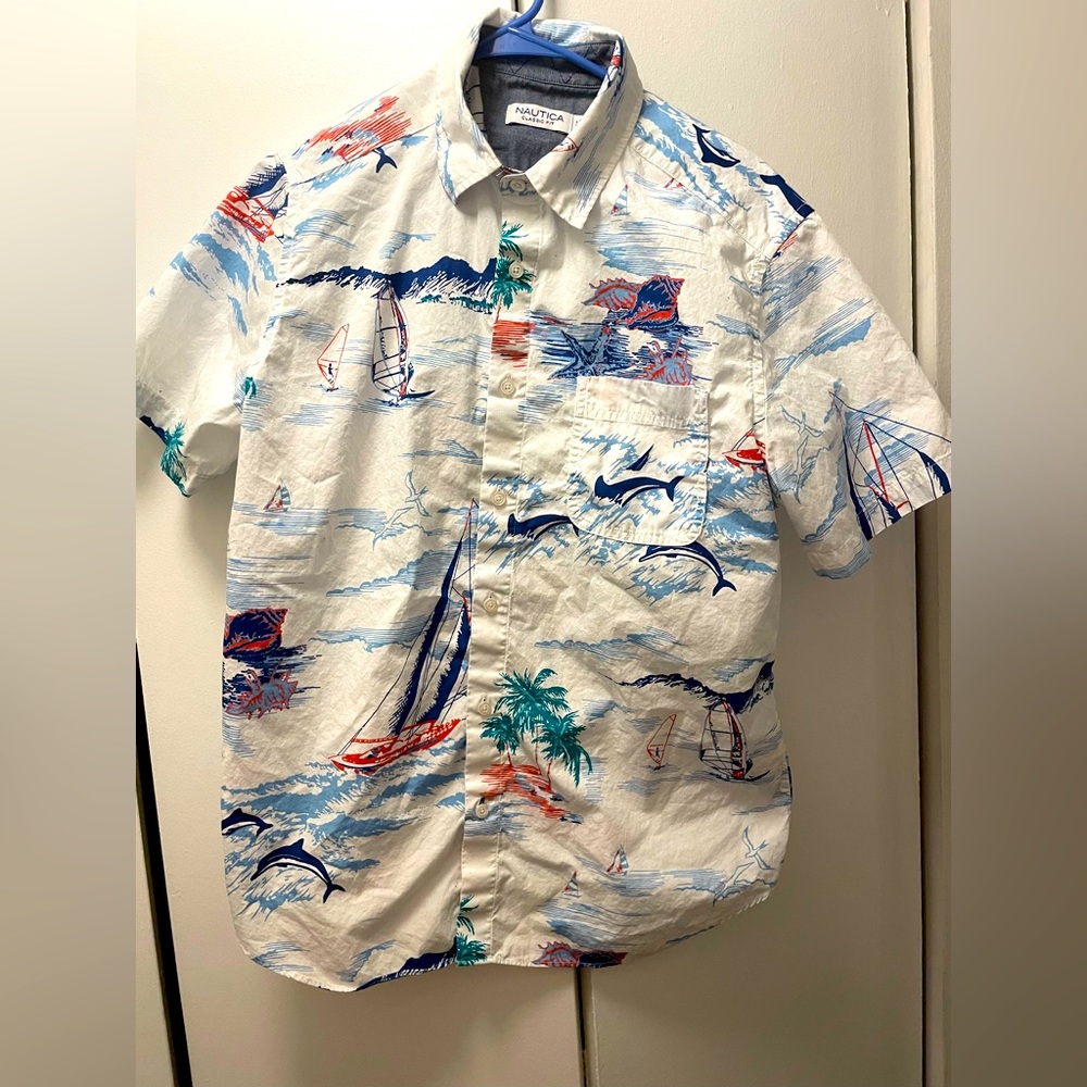 Nautica Classic Fit Short Sleeve Poplin Shirt Print Size M